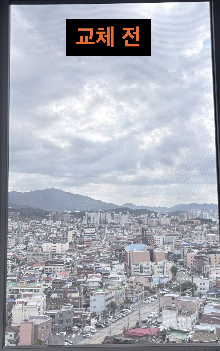 교체 전 창밖 — 기존 망 너머가 뿌옇게 보이는 모습